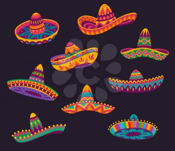 Cartoon Mexican sombrero hats with color ethnic pattern, vector Mexico holiday and fiesta party objects. Cinco de Mayo carnival mariachi musician festive straw sombrero hats or caps