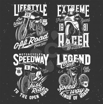 Speedway and motocross t-shirt prints, bike races and motorcycle sport club vector emblems. Speedway or retro motorcycles racing sport, custom choppers ride vintage grunge prints for t shirt