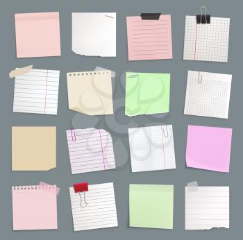 Blank paper notes, sticker notepads and to do memo messages, vector set. Sticky notes or sheet list posts on office board, memo notices and notepaper pages on adhesive tape, reminders on pin clips
