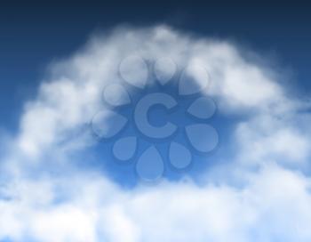 Round arch clouds in blue sky heaven background. Vector fog or smoke frame, realistic cloudy sky, 3d effect. White aroma or toxic steaming vapour border, smoky chemical or cigarette steam circle