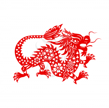 Chinese lunar new year dragon, zodiac sign and vector oriental holidays symbol. Red dragon in paper cut art for Chinese New Year festival, greeting card or lunar horoscope calendar