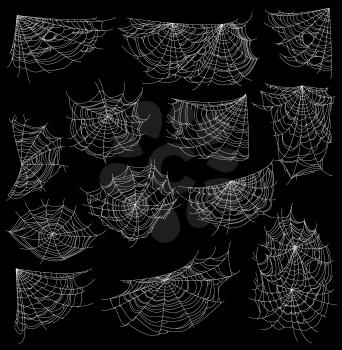 Halloween sticky cobweb and spider web, vector cartoon icons. Halloween holiday spiderwebs and scary nets on corners on black background, horror night party spooky cobwebs silhouettes