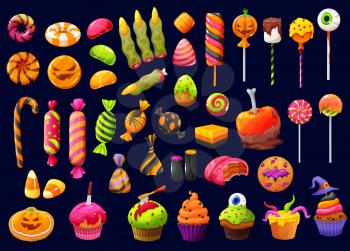 Halloween cartoon candies and lollipops with witch fingers, candy corn and pumpkin cupcakes, vector. Halloween trick or treat sweets, chocolate skulls and liquorice bones, spooky cakes and cookies