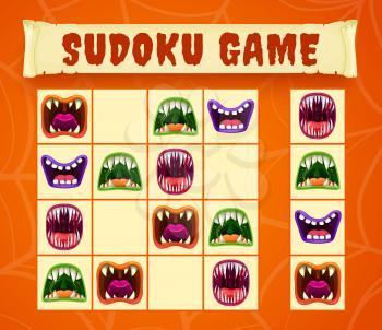 Halloween monster mouths of sudoku or puzzle game vector template. Children educational worksheet of horror puzzle or riddle with screaming vampire, alien mutant and demon smile, preschool education