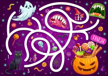 Kids maze game with Halloween characters and monster mouths. Vector labyrinth puzzle find correct way board game. Task with tangled path, pumpkin, ghost. Children education riddle, preschool activity