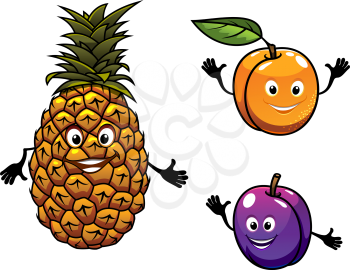 Apricot, pineapple and plum fruits in cartoon style
