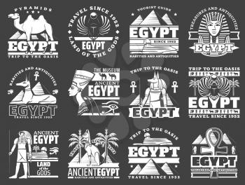 Egypt travel icons with ancient Egyptian pharaoh pyramids, Sphinx and gods. Vector Anubis and Horus with ankh symbol, cat, dog and scarab, Nefertiti and Tutankhamun with hieroglyphs monochrome emblems
