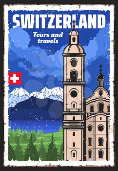 Switzerland travel landmark and Swiss Alps vector design of European tourism. Lucerne Jesuit Church with baroque towers, flag of Switzerland, mountains and lake, Alpine meadows and green forest trees