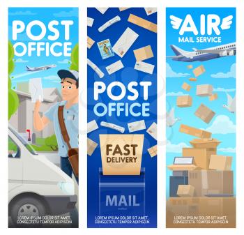 Post office and air mail delivery vector design of postal service. Postman or courier with letters, bag and mailbox, parcel boxes, packages and envelopes with postage stamps, truck, planes, pigeons
