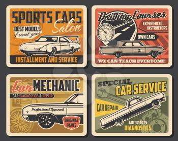 Auto service retro posters of car mechanic repair and diagnostics vector design. Vintage car spare parts, wheel and tire, vehicle engine piston, wrench and spanner, brake pads, road and speedometer