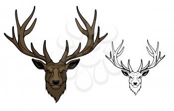 Deer wild animal mascot. Reindeer or stag with antlers and angry eyes, isolated on white. Hunting club or sport team mascot. Powerful deer