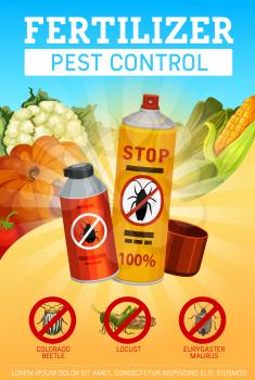 Agrarian pest control service and farming fertilizers, vector poster. Vegetable insects extermination and agriculture plants protection form Colorado beetle, locust and Eurygaster maurus bugs