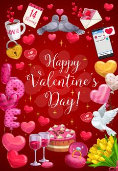 Valentine day heart balloons, golden key and love lock with sparling stars. Vector Happy Valentine day calligraphy greeting in tulip flowers, birds with love message and 14 February holiday calendar