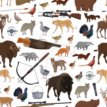 Birds, animals and hunting sport equipment seamless pattern. Vector shooting weapon, crossbow and gun, trap and rifle. Buffalo and wolf, duck and lynx, cheetah and bear, antelope and goat