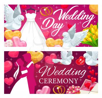 Wedding banners with vector bride and groom, hearts, rings and flowers. Wedding gifts and cake, bridal dress and bouquet, love letter, balloons and couple of dove birds, marriage ceremony