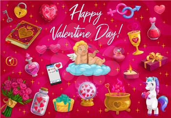 Valentines day, love message quote with hearts, cupid angel and cartoon. Vector Valentines day gifts and candle, rose flowers and magic potion, spells book, love and wedding ring