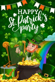 Patricks day party vector invitation with leprechaun, green shamrock and pot of gold. Irish holiday clover leaves, golden coins and horseshoe, celtic elf with red beard, rainbow and Ireland flag
