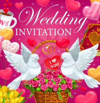 Wedding rings, hearts and flowers vector invitation. Cartoon bride and groom gifts, bouquets and balloons, couple of white dove birds, rose and tulip floral baskets with ribbons and sparkles