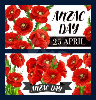 Anzac Day poppy flowers vector design of Australian and New Zealand army soldiers Remembrance anniversary. War veterans Anzac Day Lest We Forget memorial cards with red poppies and floral wreath