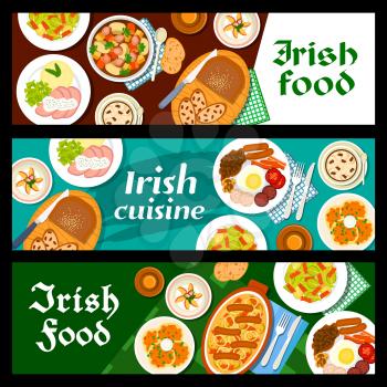 Food, Irish breakfast, Ireland cuisine vector banners, bread, pudding with raisins, salad and beef stew meals, Irish cuisine menu, restaurant traditional coffee, lunch meat and pastry desserts