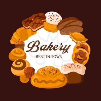 Bread and pastries vector frame of bakery shop and cereal food design. Wheat bread, croissant and cake, donuts, cinnamon roll and bagel, pie, muffin and sandwich cookies with sugar icing and sprinkles