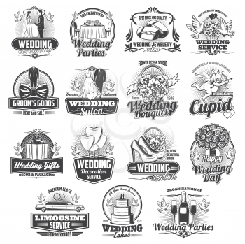 Wedding ceremony service isolated icons, vector. Arrangement of marriage, groom and bride party, wedding flower bouquets and bridal dress, jewelry store, decoration, cakes and limousine car rent