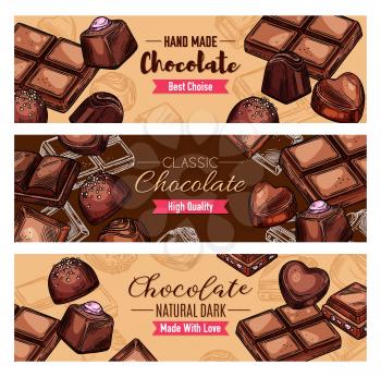 Chocolate candies and sweet, vector banners. Dessert choco treats and tasty snacks. Confectionery food, cocoa sweets of dark and milk chocolate with nuts and caramel, chocolate of heart shape