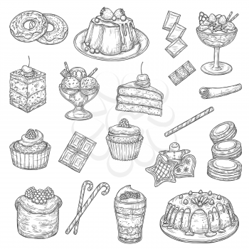 Cake and pastry dessert sketches of sweet food. Vector cakes, cupcakes and muffins with chocolate cream, fruit pie, ice cream and chocolate candy, donuts, biscuits or cookies, macarons and cheesecake