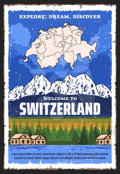 Switzerland travel and tourism vector design with map of Swiss Confederation, Alpine mountains and lake with forest trees and village houses, Welcome to Switzerland, Alpine resort, travel tour themes