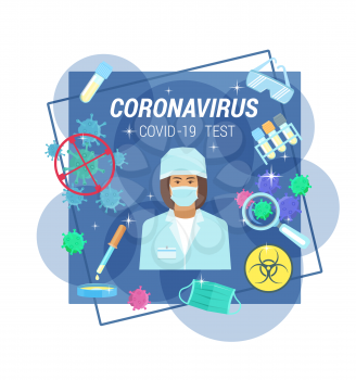 Coronavirus medical test and analysis. Doctor in ptrotective mask, safety glasses, viruses and pipette, test tubes and flasks. Danger biohazard vector medical poster