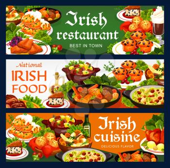 Irish cuisine food vector banners with vegetable and meat stews, fish and bread. Potato pancakes and colcannon, beef, lamb and rabbit, cabbage salad with salmon, soda bread and lingonberry cupcakes