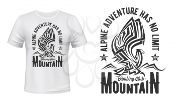Mountain eagle t-shirt print of hiking or climbing sport club, outdoor adventure and travel vector design. Custom apparel grunge badge of hawk-eagle, bird of prey with raised wings and tribal ornament
