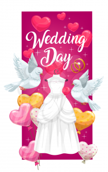 Wedding ceremony bridal dress vector invitation with engagement rings of bride and groom. Wedding gown, red hearts, balloons and white dove birds invite card, decorated with sparkles