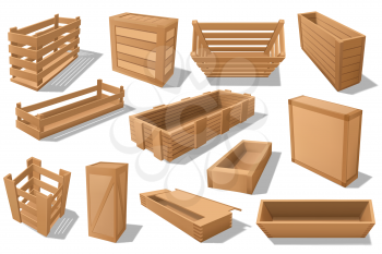 Wooden box, container, packages and realistic crate. Cargo delivery, shipping and storage theme vector. Wood cases and packages, shipping containers, warehouse packs and parcels made of timber planks