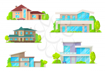 Private houses and homes, residential real estate vector flat facade icons. Modern family house, luxury villa, mansion and cottage, townhouse property, duplex apartments facades with garage and garden
