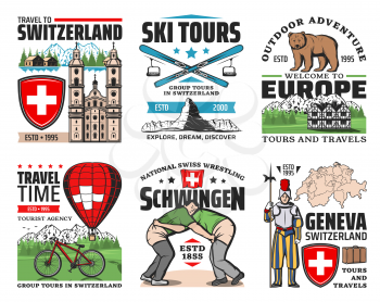 Switzerland travel, tours, landmarks and attractions sightseeing trip icons. Switzerland map, castles and temples architecture, Schwingen Swiss wrestling and Alpine skiing, hot air balloon