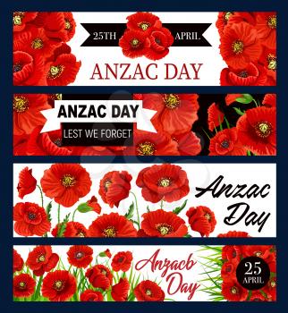 Anzac Day poppy flowers vector banners and black ribbon, national remembrance day of Australia and New Zealand. 25 April Anzac day poppy memorial symbol of army soldiers and war veterans