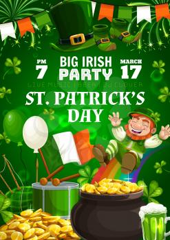 Happy Patricks day, Irish holiday party celebration. Vector leprechaun on rainbow, shamrock clover and fireworks, St Patrick day Ireland flag and Irish bagpipes, beer pint and gold coins