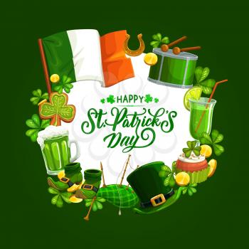 Patricks Irish holiday shamrock, leprechaun hat and gold vector greeting card. Green clover leaves, beer and flag of Ireland, golden coins, horseshoe, bagpipe, celtic elf hat, shoes and drum frame
