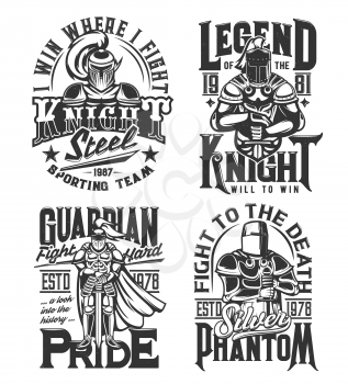Tshirt print with knights hold sword vector mascots, medieval warriors in helmet. Monochrome labels for apparel design with warriors and typography, isolated t shirt prints for war club, sporting team
