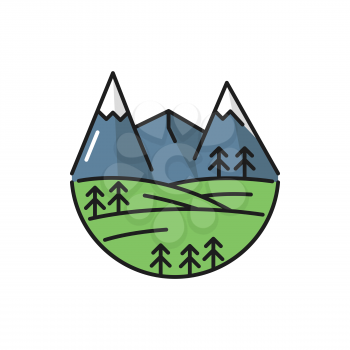 Alps mountains scenery landscape flat line icon. Vector line sign of nature, high mount ice peak simple symbol. Sky route with fir-trees, Swiss Switzerland Alps scenery. Snow mountains of Austria