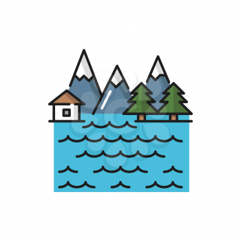 Swiss Switzerland Alps scenery, mountains with ice peaks, river landscape rural country cottage home flat line icon. Vector nature, high mount, fir-trees and lake. Snow mountains of Austria