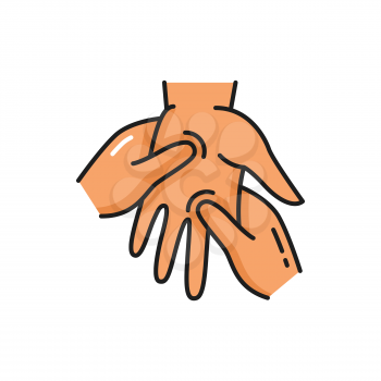 Doctor massaging human palm, hand massage isolated outline icon. Vector osteopathic therapy, doctor therapist massaging female arm. Arthritis, reflexology and rheumatoid, medical healthcare