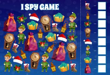 Child I spy game with Christmas elfs and holiday decorations. Kids educational activity with counting task. Elf cartoon character, Santa hat and gift, clock, Christmas stocking and holly leaves vector