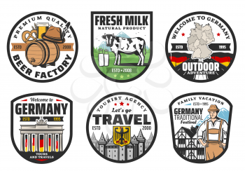 German travel landmark isolated icons, vector tourism of Germany. German flag, map and heraldic eagle, beer, hunter hat, Alpine meadow and milk cow, half timbered house, Brandenburg Gate, roman castle