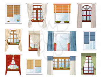 Windows with curtains and jalousie, vector interior design elements. White pvc and wooden brown sills, plastic windows frames with fabric drapery and roller blinds. Transparent home glasses set