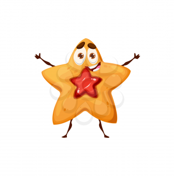 Shortbread star cookie character. Crunchy dessert food cute vector personage with smiling face, sweet snack cookie with red jam filling happy isolated character standing with outstretched hands