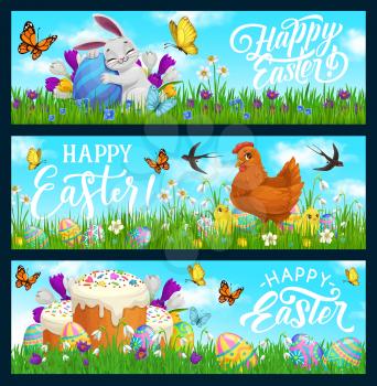 Happy Easter vector bunny, hen with chicks, decorated eggs and cakes on field with flowers and butterflies under blue cloudy sky. Happy Easter holiday greeting cards with cute animals, cartoon banners