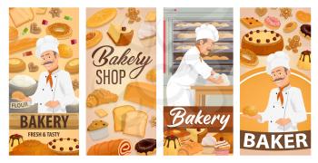 Baker confectioner in bakery shop baking bread vector banners. Cartoon chief in toque kneading dough, cooking bread, bakery sweet desserts cakes, pies, pancakes, muffins or cupcakes in patisserie cafe