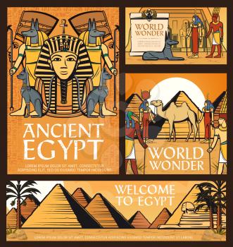 Ancient Egypt posters, vector Great pyramids of Giza, Sphinx and Egyptian deities gods Anubis, Amun and Hathor with Thoth, goddess Ausar near Abu Simbel temple in desert with camel cartoon banner